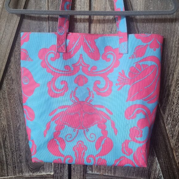 Lilly Pulitzer for Estee Lauder Pink Blue Crabs Shells Canvas Tote Beach Bag EUC - Picture 6 of 8